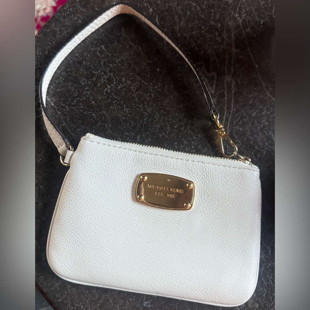 Michael Kors Cream Leather Wristlet with Gold Accents